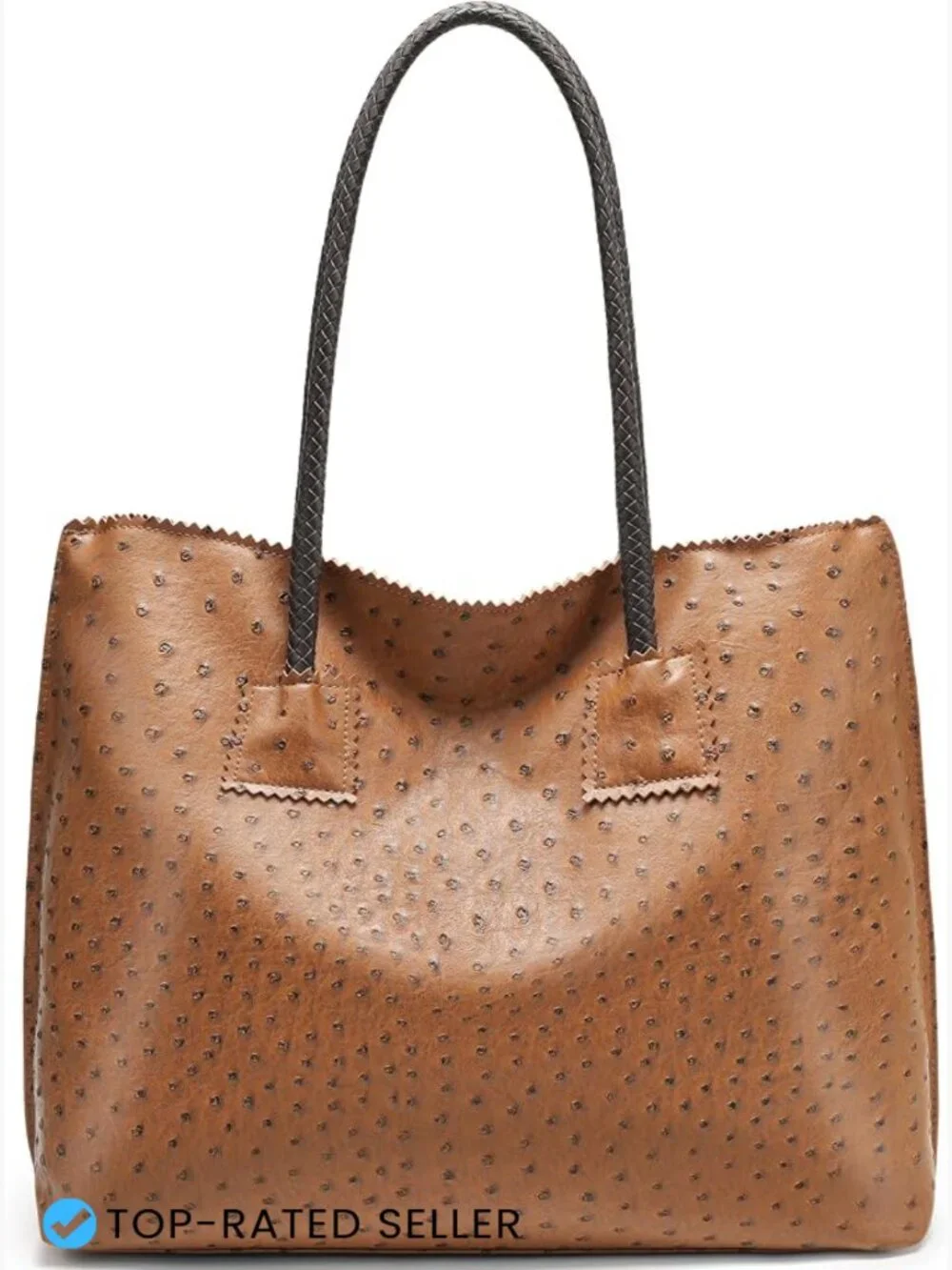 Ostrich Embossed Faux Leather Large Tote Shoulder Bag with Pouch Office Travel